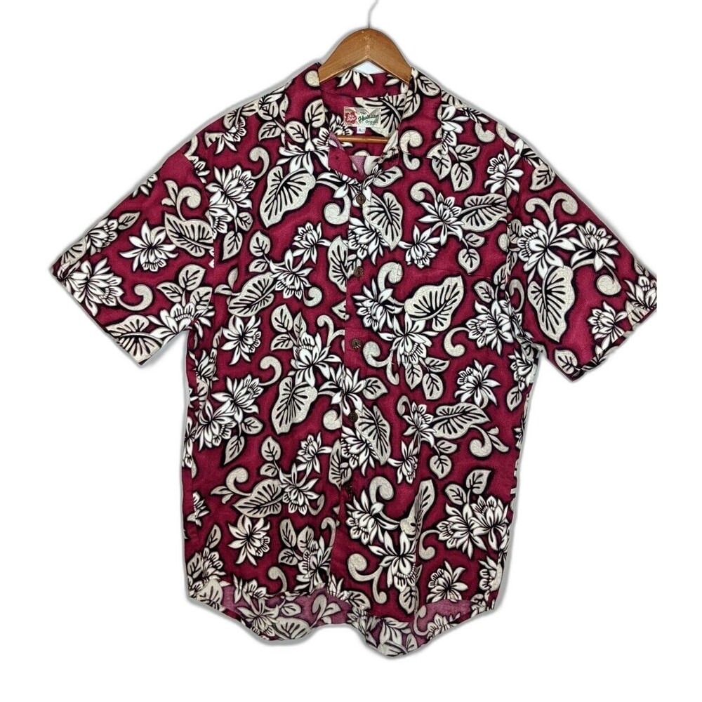 Hilo Hattie Hawaiian Shirt Mens Classic Magenta Red Floral Tropical L Exc